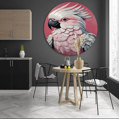 Roze papegaai modern realistisch olieverfportret aluminium muurcirkel