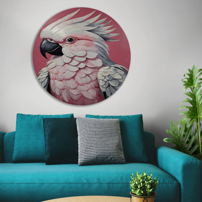 Roze papegaai modern realistisch olieverfportret aluminium muurcirkel