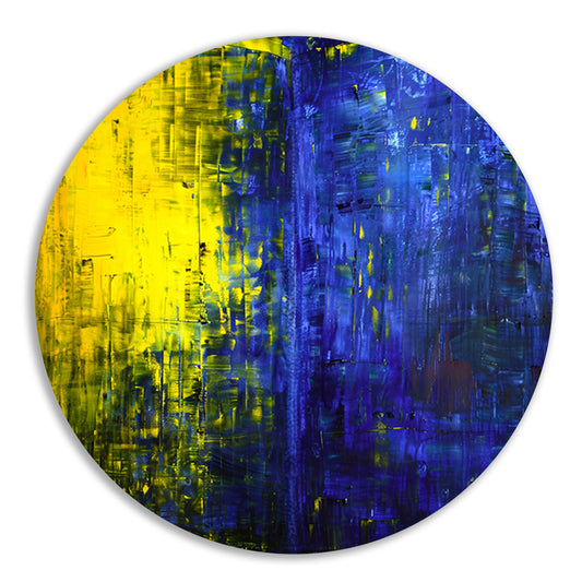 Abstracte compositie in blauw en geel aluminium muurcirkel