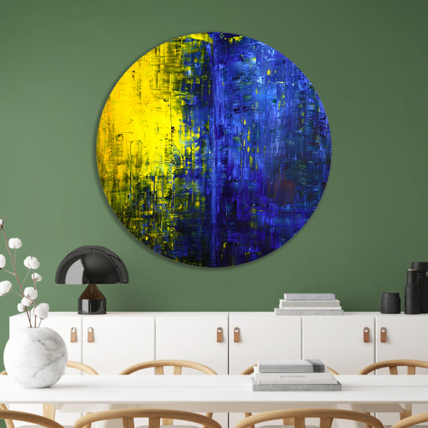 Abstracte compositie in blauw en geel aluminium muurcirkel