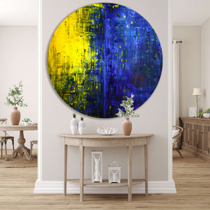 Abstracte compositie in blauw en geel aluminium muurcirkel