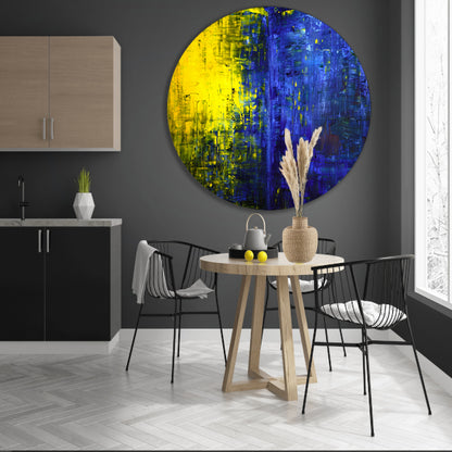 Abstracte compositie in blauw en geel aluminium muurcirkel