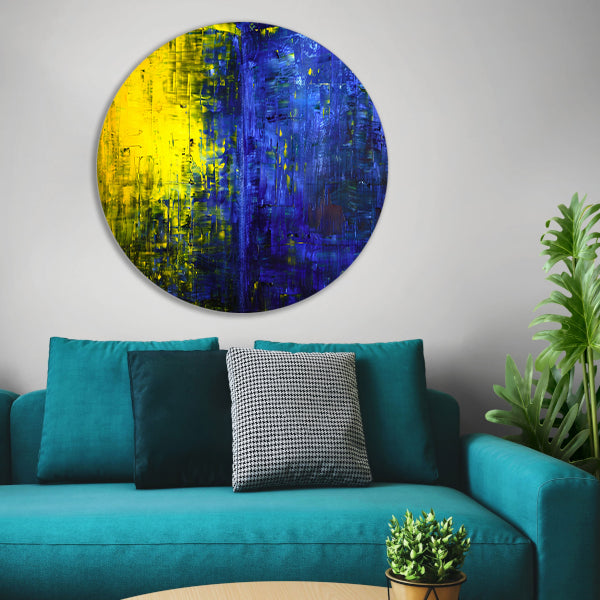 Abstracte compositie in blauw en geel aluminium muurcirkel