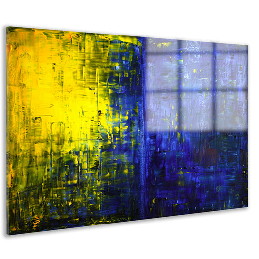 Abstracte compositie in blauw en geel acrylglas