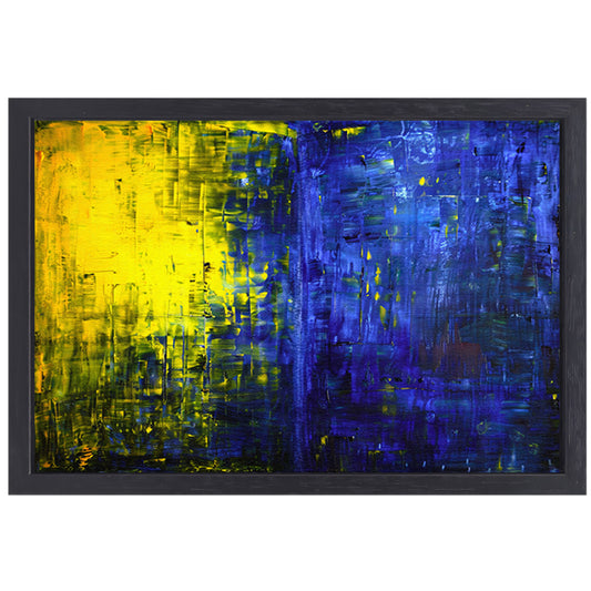 Abstracte compositie in blauw en geel canvas met baklijst