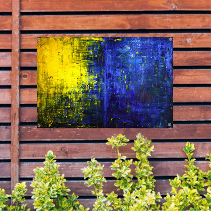 Abstracte compositie in blauw en geel tuinposter