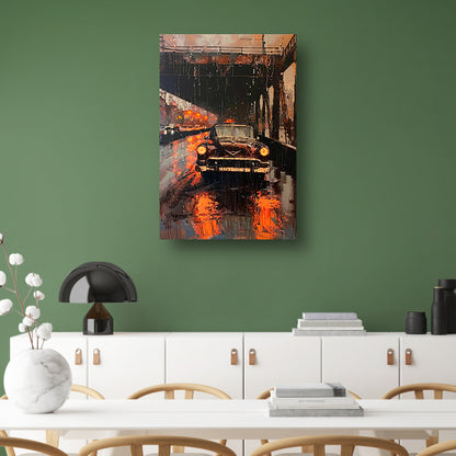 Regenachtige avond met klassieke auto onder brug poster