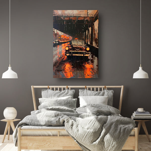 Regenachtige avond met klassieke auto onder brug poster