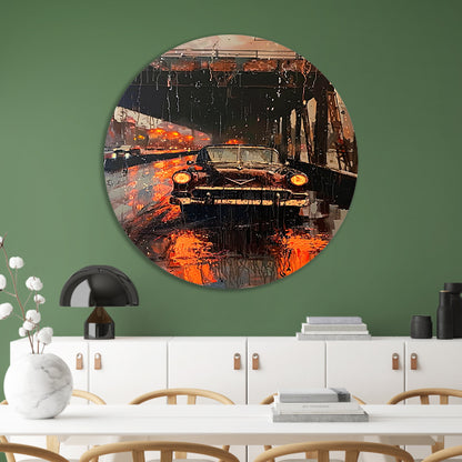 Regenachtige avond met klassieke auto onder brug aluminium muurcirkel