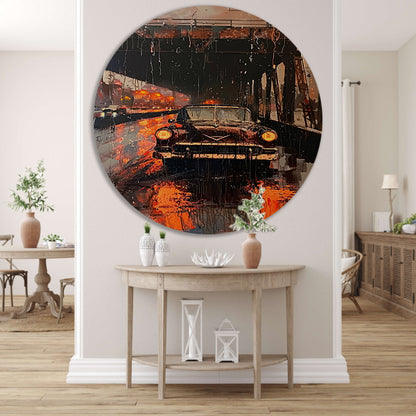 Regenachtige avond met klassieke auto onder brug aluminium muurcirkel