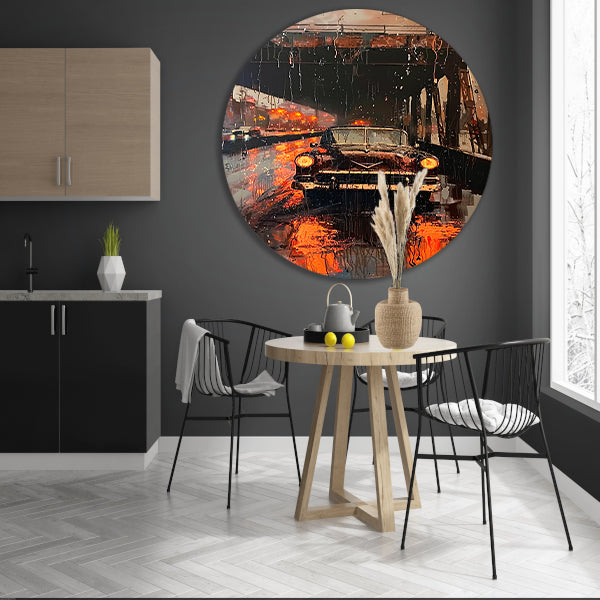 Regenachtige avond met klassieke auto onder brug aluminium muurcirkel