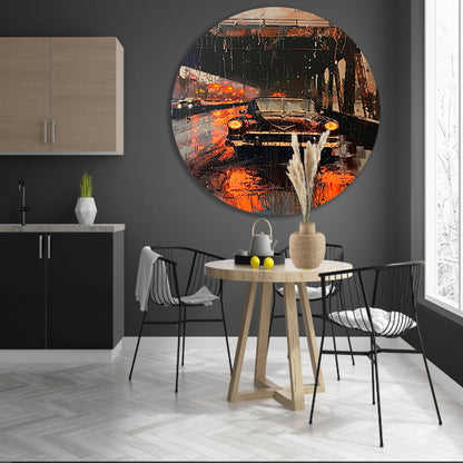 Regenachtige avond met klassieke auto onder brug aluminium muurcirkel