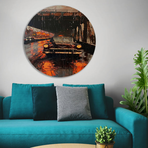 Regenachtige avond met klassieke auto onder brug aluminium muurcirkel