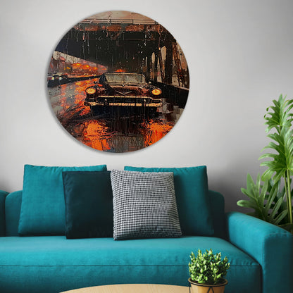 Regenachtige avond met klassieke auto onder brug aluminium muurcirkel