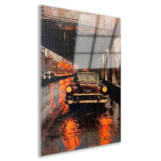 Regenachtige avond met klassieke auto onder brug acrylglas