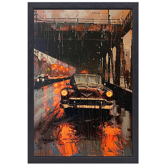 Regenachtige avond met klassieke auto onder brug canvas met baklijst