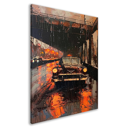 Regenachtige avond met klassieke auto onder brug canvas