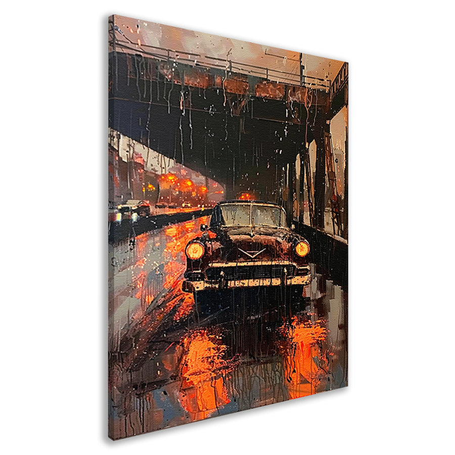 Regenachtige avond met klassieke auto onder brug canvas