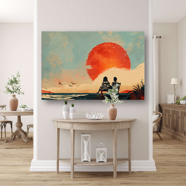 Romantisch silhouet bij zonsondergangcanvas