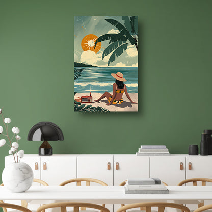 Vrouw genietend van de zon op het strand   acrylglas
