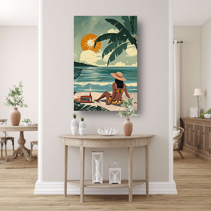 Vrouw genietend van de zon op het strand   acrylglas