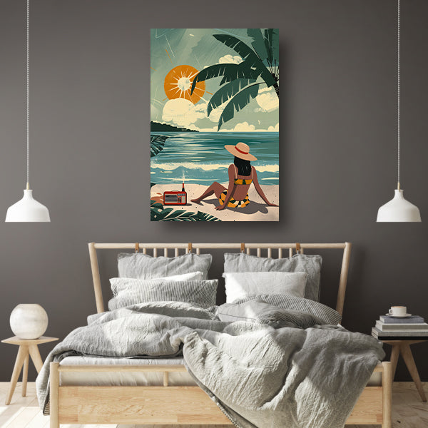 Vrouw genietend van de zon op het strand   poster