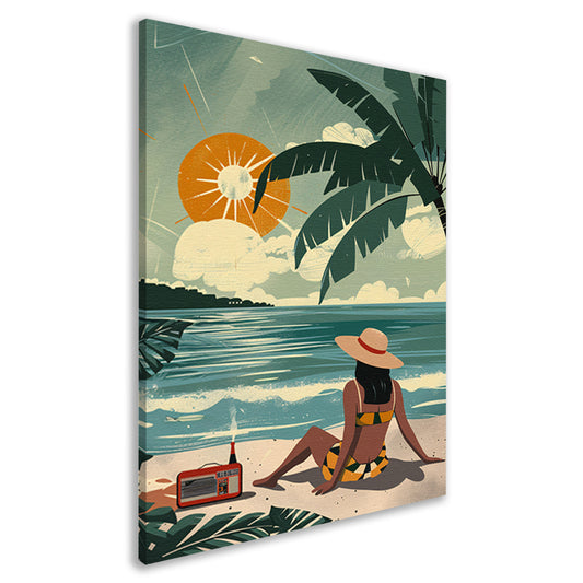 Vrouw genietend van de zon op het strand   canvas