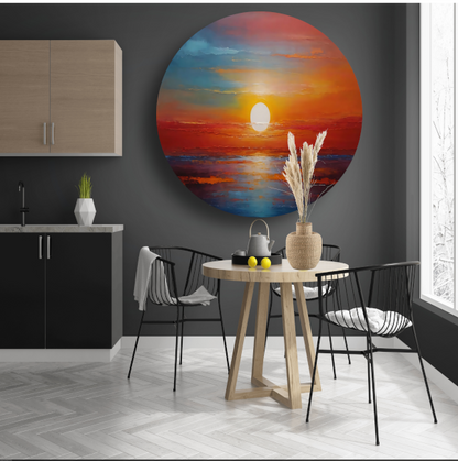 Levendige Impressie van een Kleurrijke Zonsondergang aluminium muurcirkel