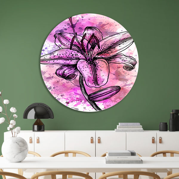 Abstracte bloem in levendige roze tinten aluminium muurcirkel