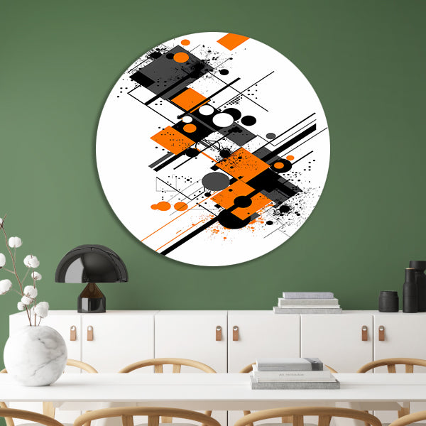 Abstract Kunstwerk met Oranje en Zwarte Vormen aluminium muurcirkel