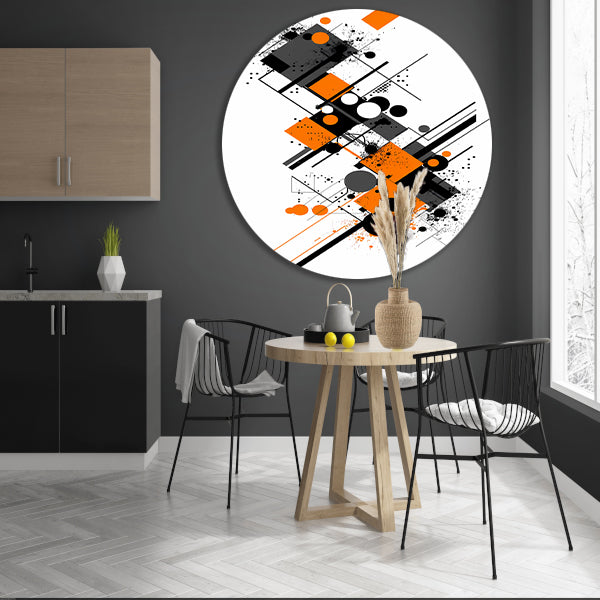 Abstract Kunstwerk met Oranje en Zwarte Vormen aluminium muurcirkel