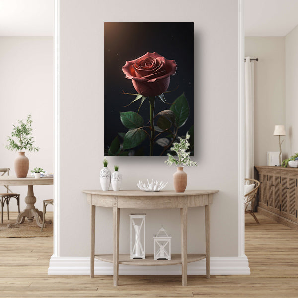 Dieprode Roos met Fluweelachtige Bladeren canvas