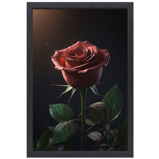 Dieprode Roos met Fluweelachtige Bladeren canvas met baklijst