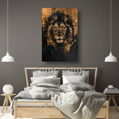 Mysterieuze leeuw met gouden spetters canvas met baklijst