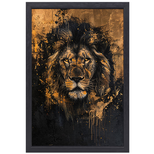 Mysterieuze leeuw met gouden spetters canvas met baklijst