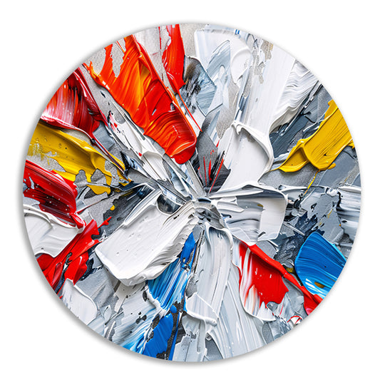 Abstract schilderij met levendige kleuren en dynamiek aluminium muurcirkel