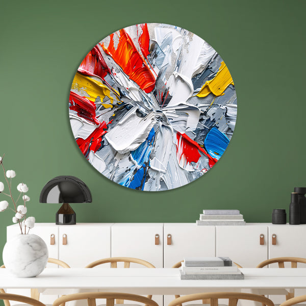 Abstract schilderij met levendige kleuren en dynamiek aluminium muurcirkel