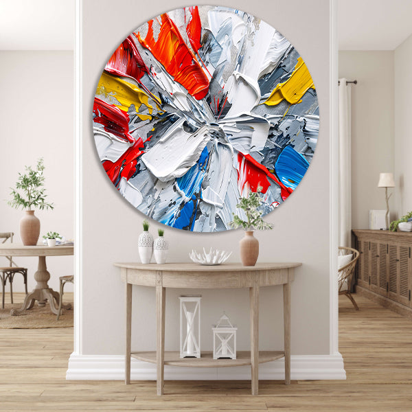 Abstract schilderij met levendige kleuren en dynamiek aluminium muurcirkel