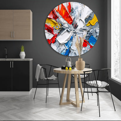 Abstract schilderij met levendige kleuren en dynamiek aluminium muurcirkel
