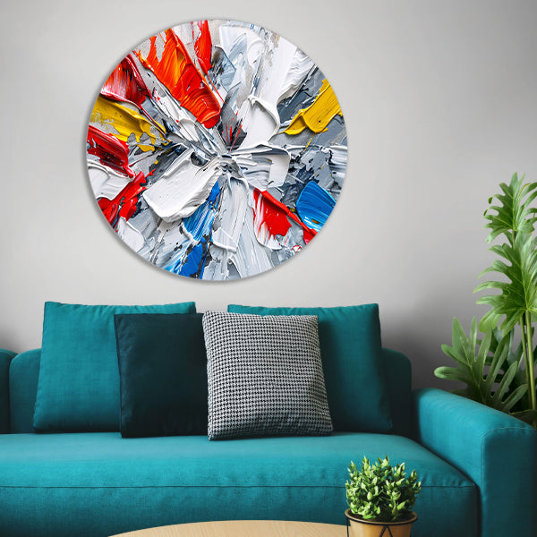 Abstract schilderij met levendige kleuren en dynamiek aluminium muurcirkel