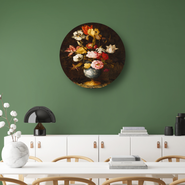 Bloemen in een Wan-Li Vaas - Balthasar van der Ast aluminium muurcirkel