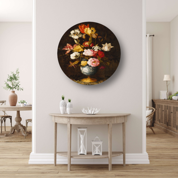 Bloemen in een Wan-Li Vaas - Balthasar van der Ast aluminium muurcirkel