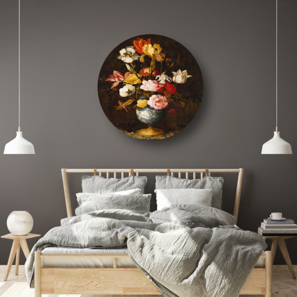 Bloemen in een Wan-Li Vaas - Balthasar van der Ast aluminium muurcirkel