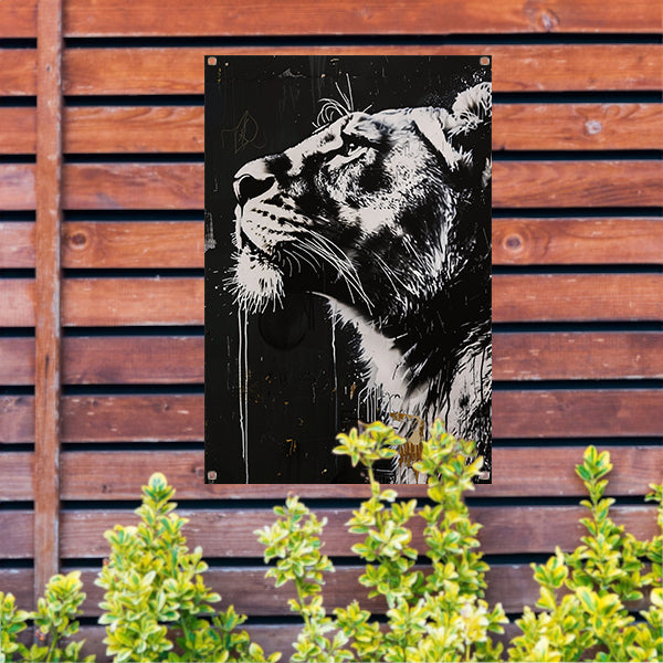 Zwart-wit portret van een trotse leeuw tuinposter