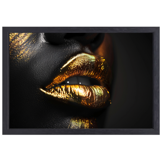 Zwarte Achtergrond met Gouden Lippen canvas met baklijst