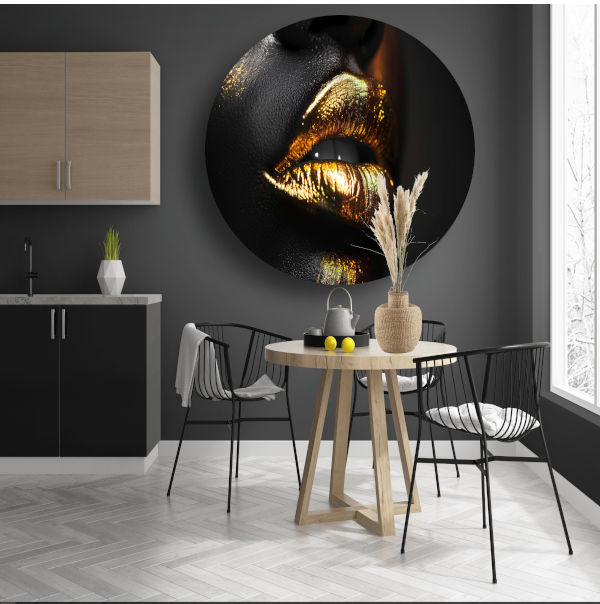 Zwarte Achtergrond met Gouden Lippen aluminium muurcirkel