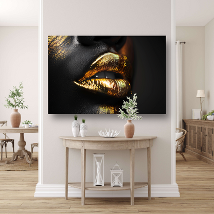 Zwarte Achtergrond met Gouden Lippen canvas met baklijst