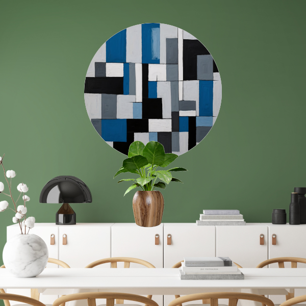 Monochrome Harmonie in Blauw en Zwart aluminium muurcirkel