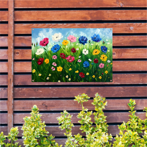 Kleurrijk bloemenveld onder een blauwe lucht tuinposter