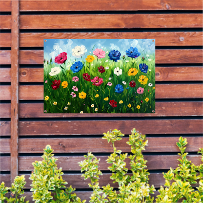 Kleurrijk bloemenveld onder een blauwe lucht tuinposter